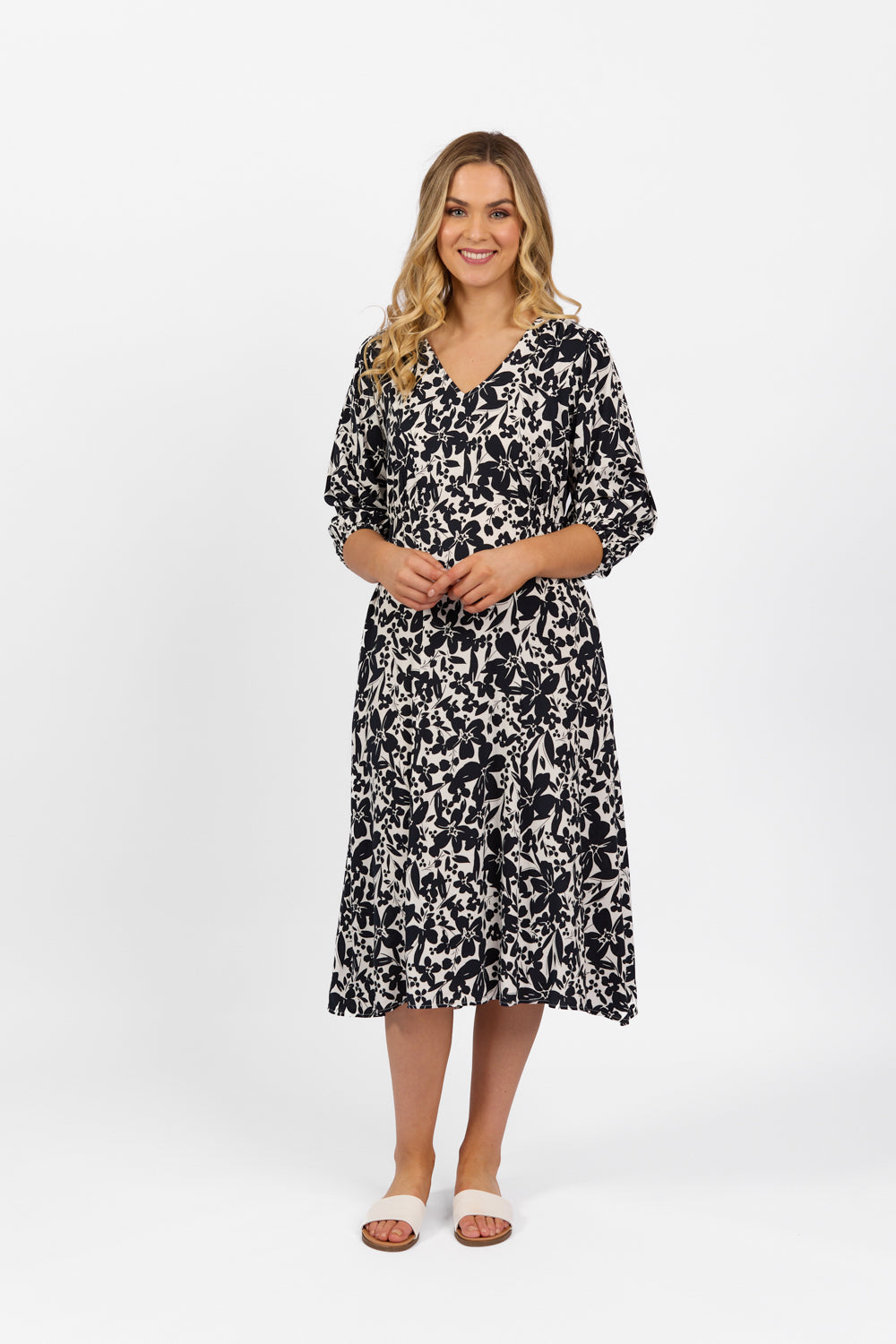 Vassalli V Neck Dress with Elbow Length Sleeve